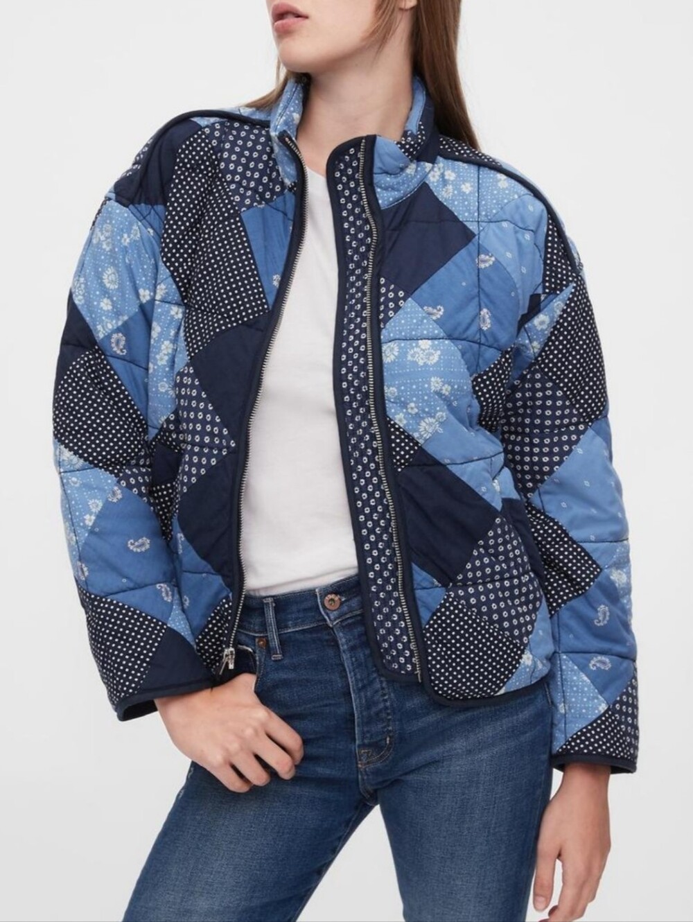 NWT GAP Organically Grown Cotton Quilted Patchwork Jacket in Navy and Light Blue